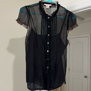 Sheer Ruffle Trim Short Sleeve Blouse